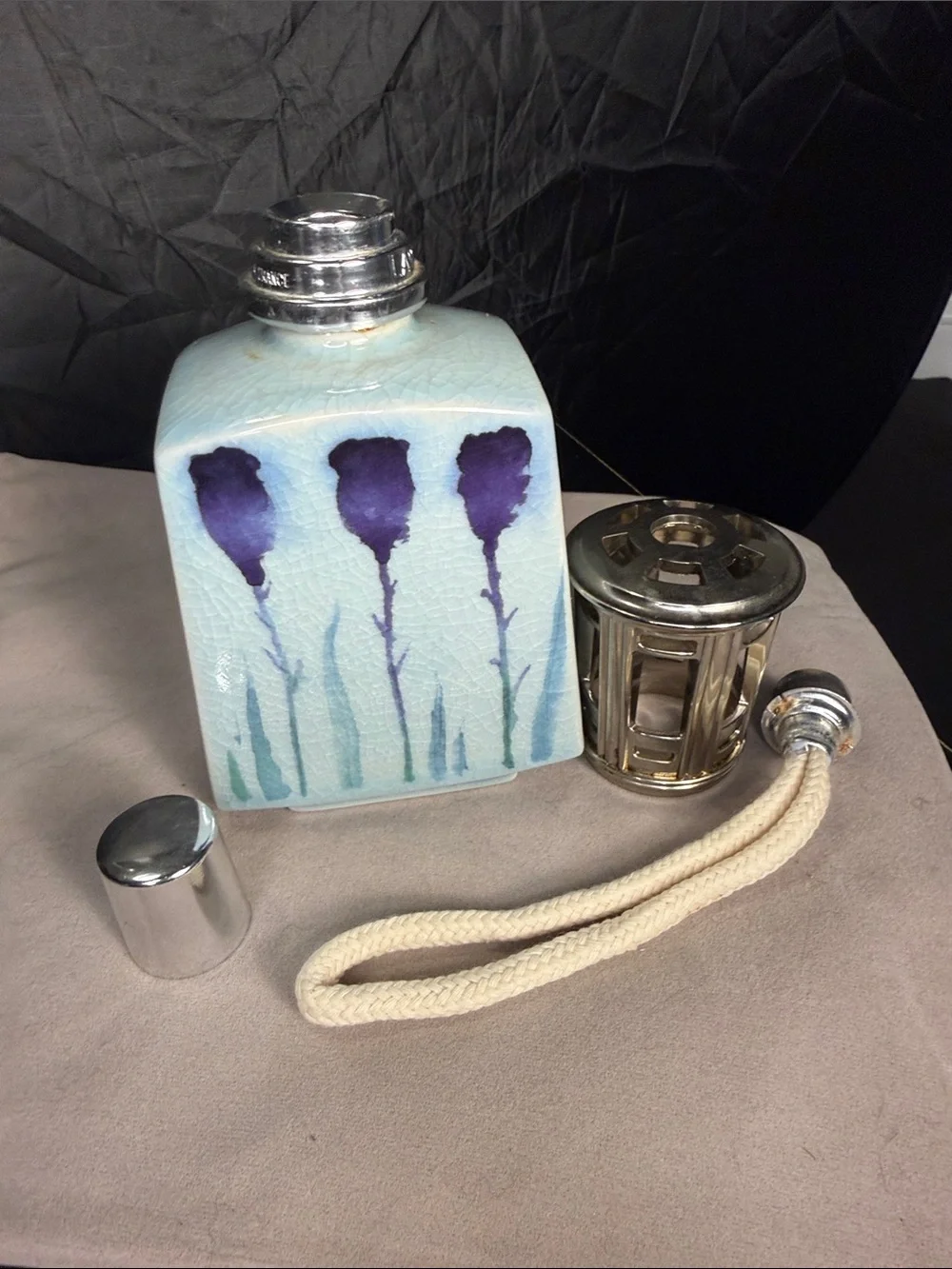 Ceramic Fragrance Lamp with Light Blue Botanical Design vintage